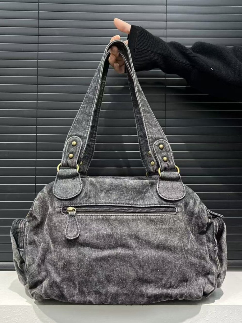 Y2K Acid Wash Denim Studded Multi Pocket Shoulder Bag - Picture 3 of 6